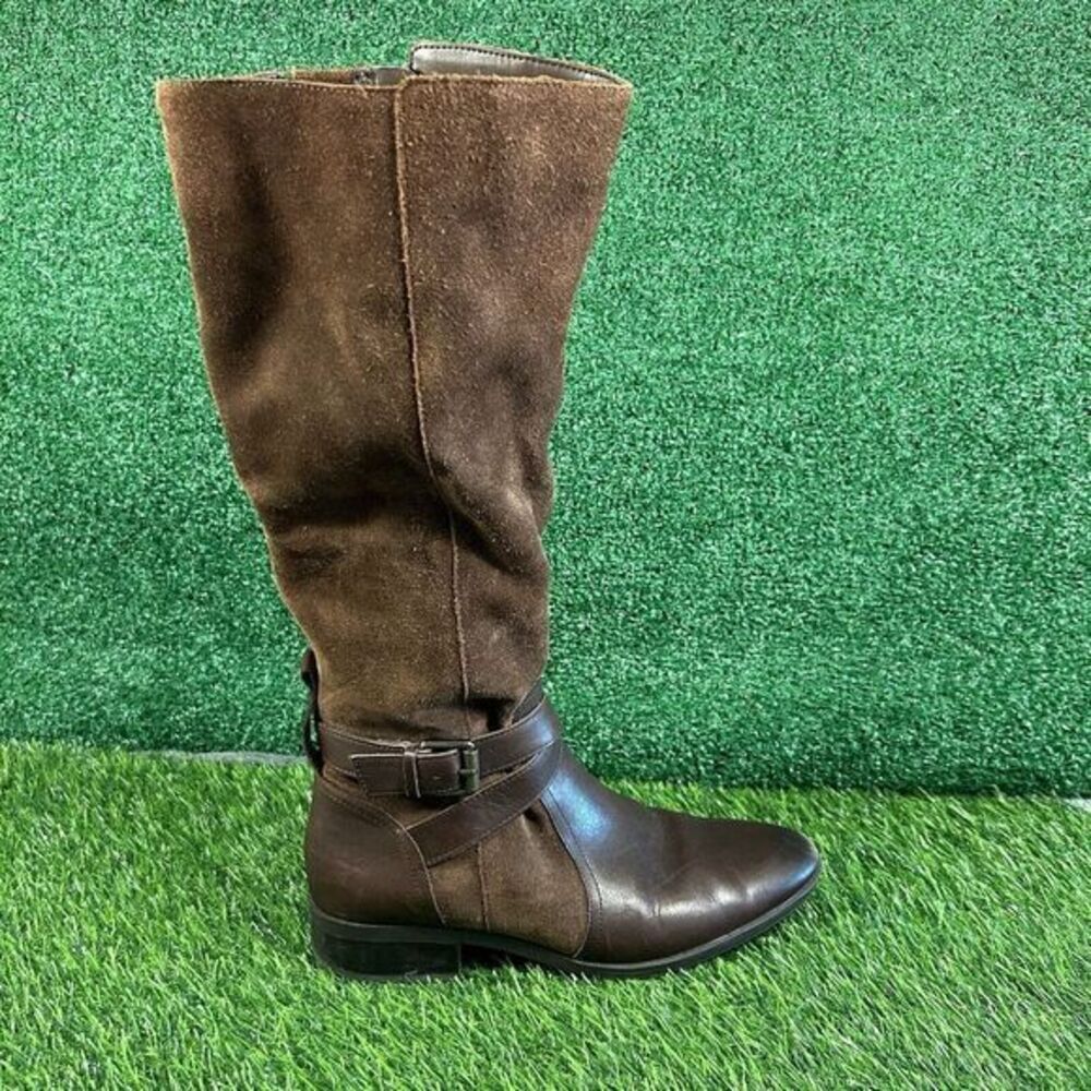 Naturalizer Rena Tall Boots Womens 8 M Brown Leather Suede Zip Up Buckle Preppy